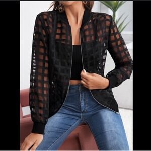 SHEIN Black Sheer Checkered Zip Bomber Jacket Small